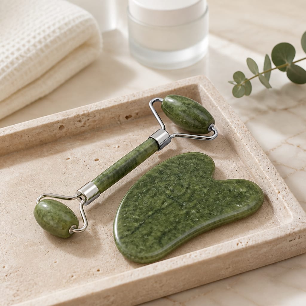 Gua Sha et rouleau en jade naturel – The Brow Bar accessoires massage facial